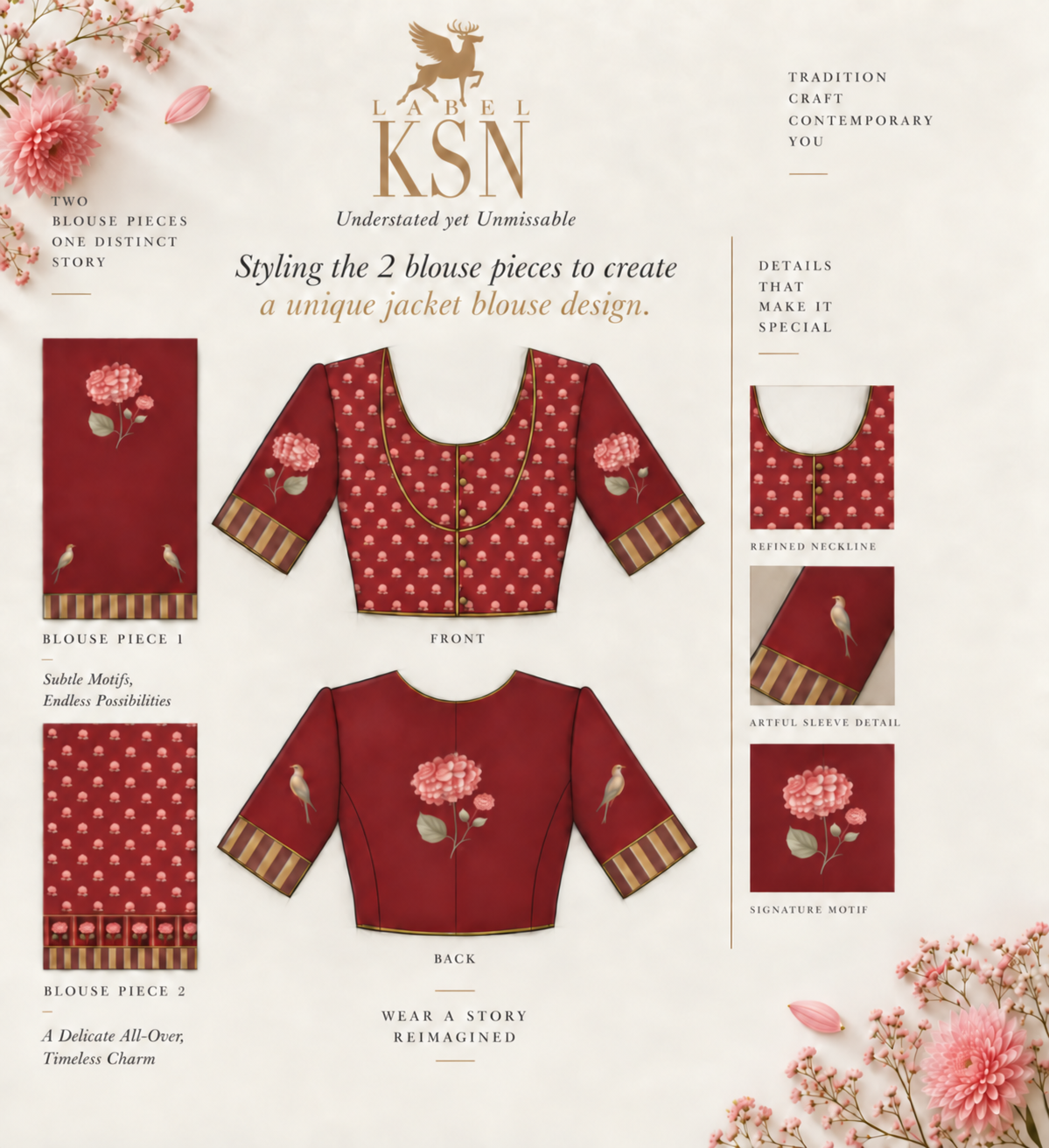 ‘Botanica Privée’ Mulberry Wine & Antique Sage Georgette Painterly Saree with 2 Blouse options