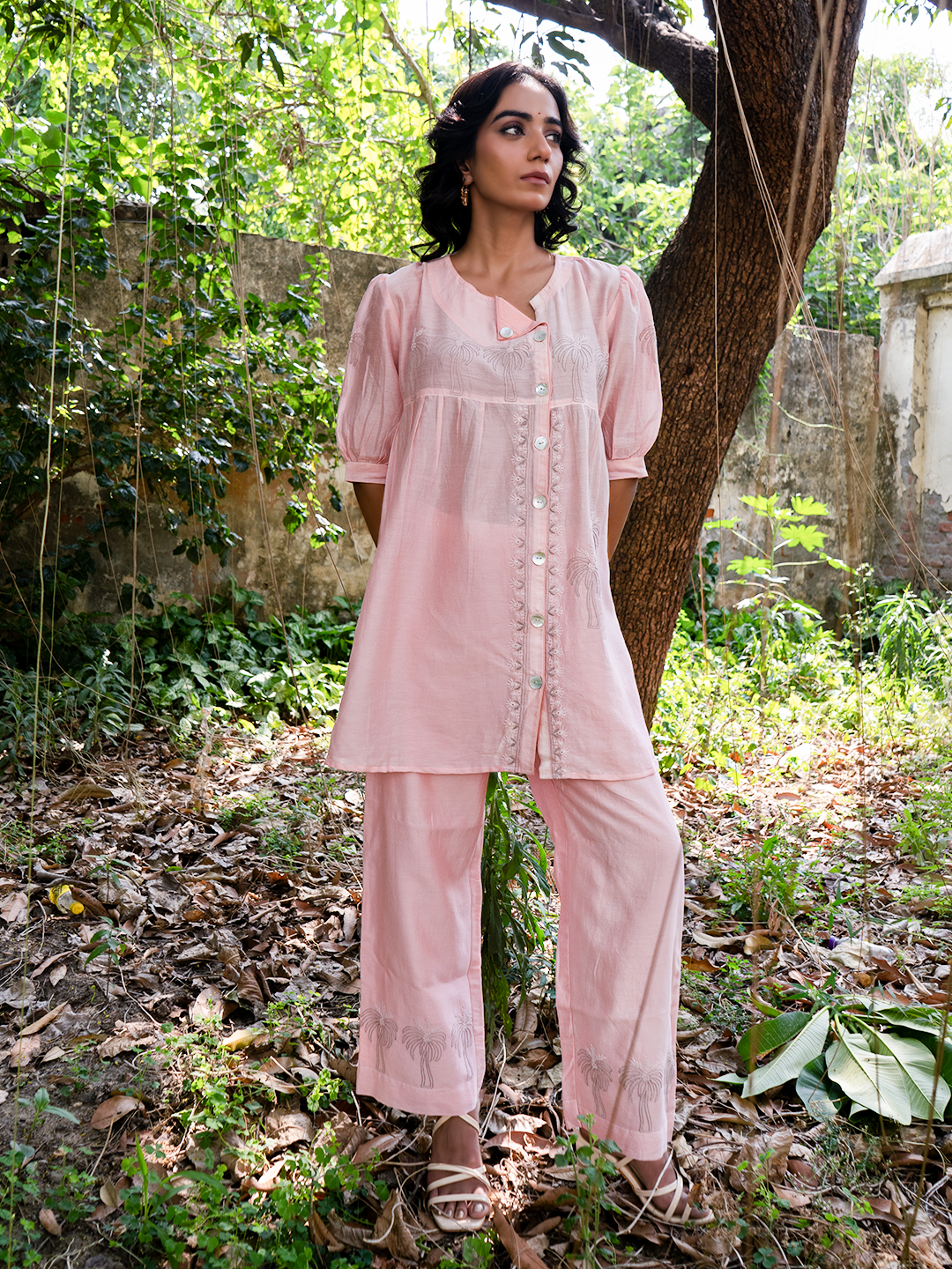 Chikankari Angarkha Co ord in Blush Pure Chanderi Silk with Green embroidery
