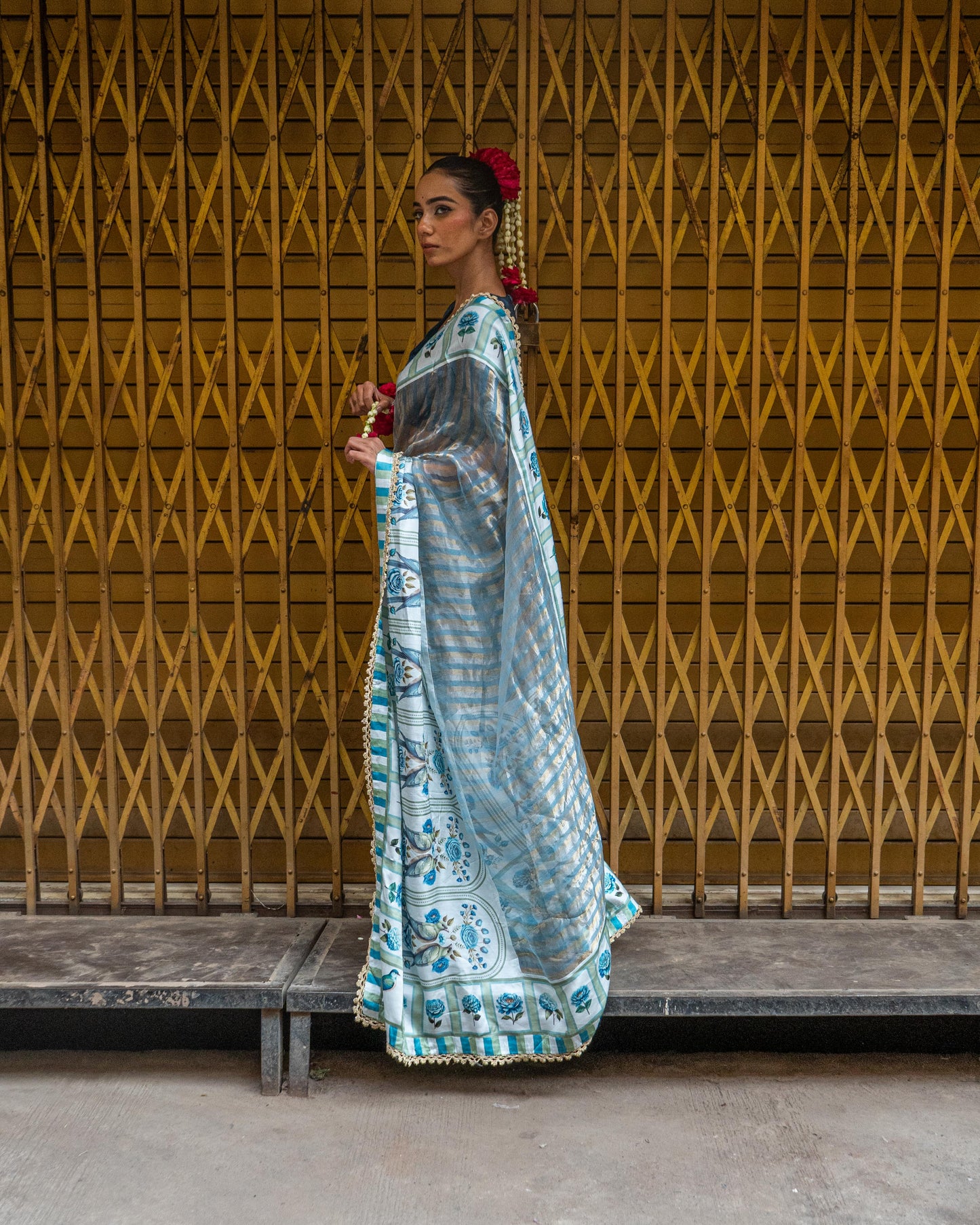 ‘Bloom Edit’ Porcelain Blue & Navy Silk Banarasi Tissue Painterly Saree