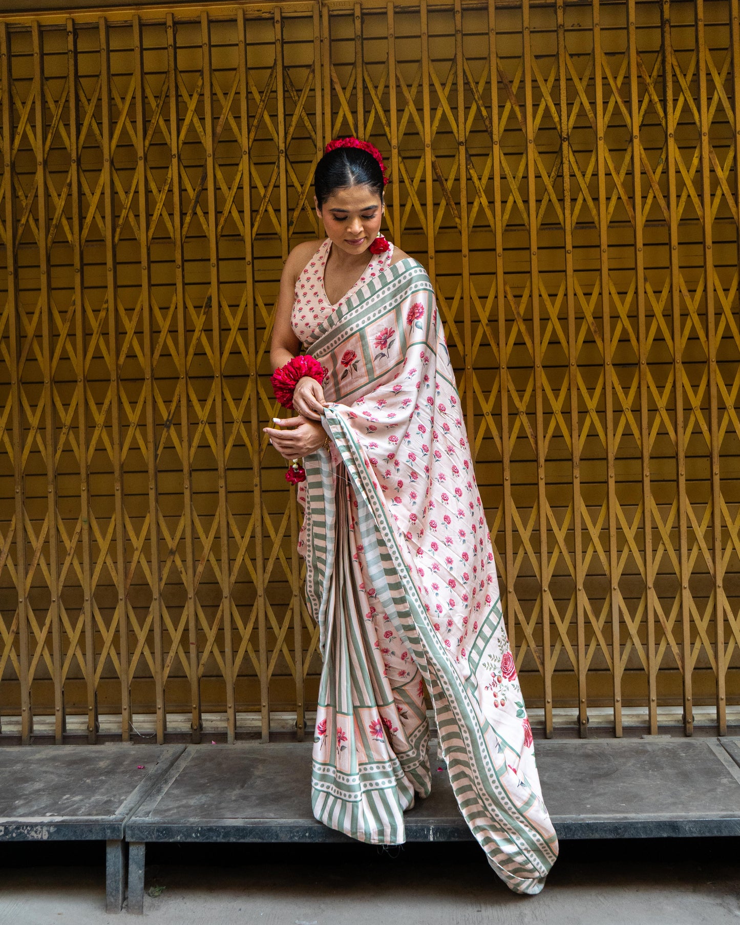 ‘Botanica Privée’ Blush & Sage Green Georgette Painterly Saree