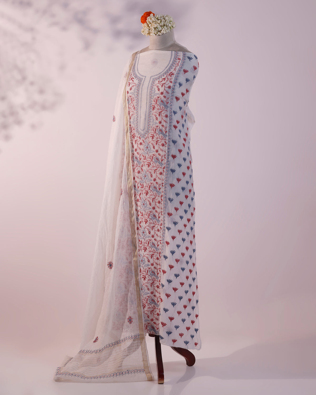 White with Coral Red and Dusty Blue Lucknowi Chikankari Handwork 2-Piece Mul Chanderi Salwar Suit