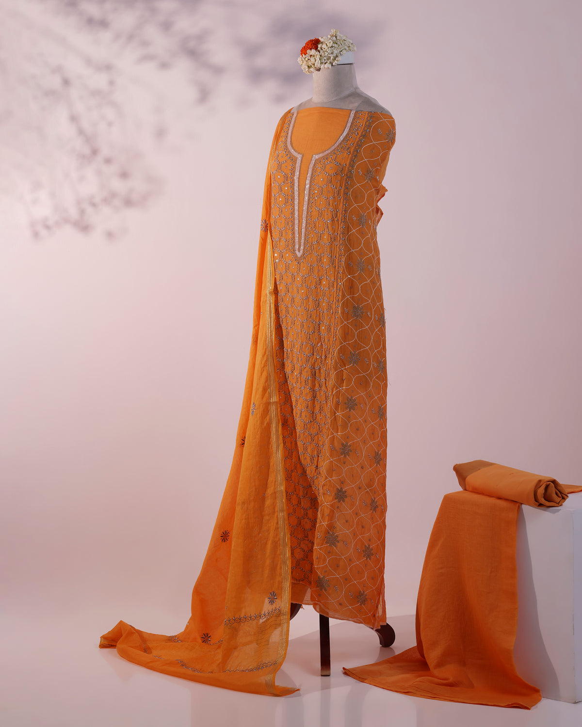 Marigold Orange Silky Mul Chanderi Chikankari 3- piece Kurta Dupatta with Blue Zardozi & Kardana Detailing