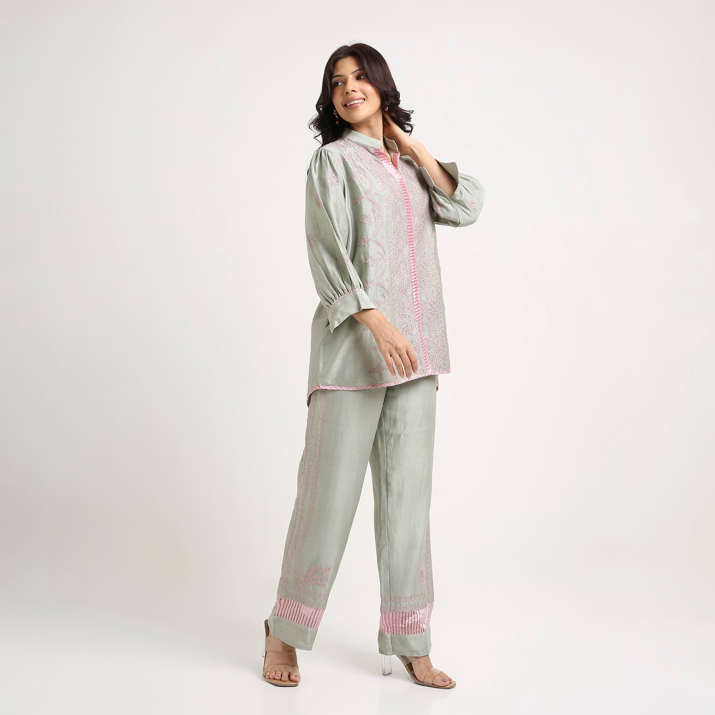 Chikankari Co ord in Sage Green Pure Chanderi Silk with Dusty Pink embroidery