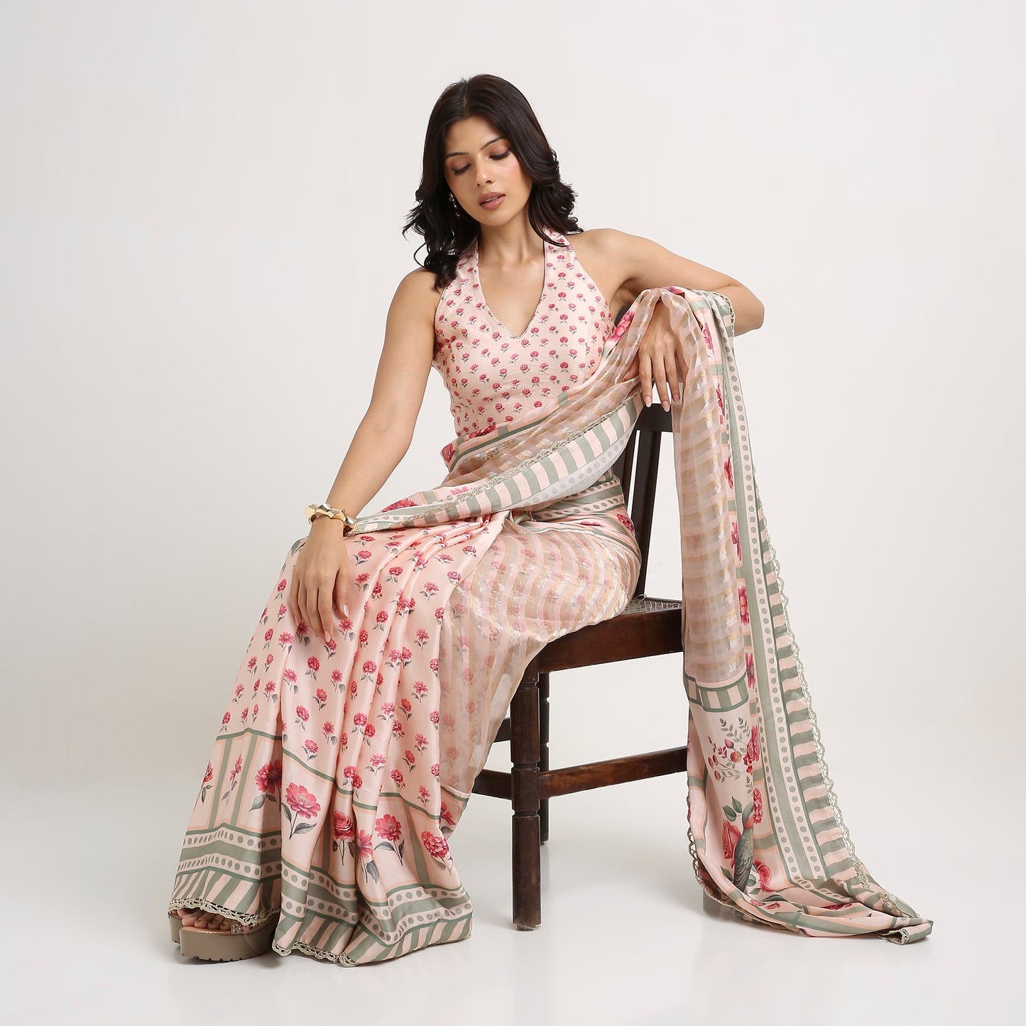 ‘Bloom Edit’ Blush Pink & Sage Green Silk Banarasi Tissue Painterly Saree