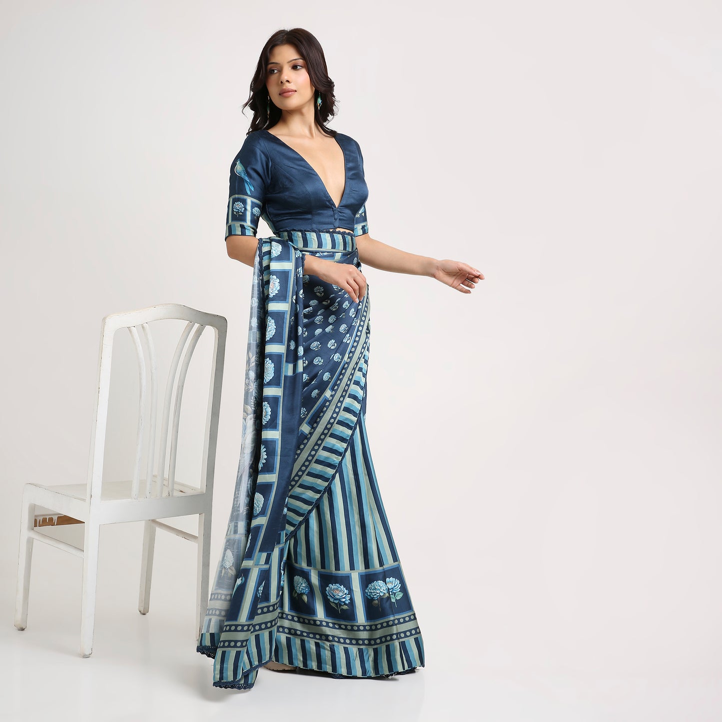 ‘Botanica Privée’ Navy & Powder Blue Georgette Painterly Saree