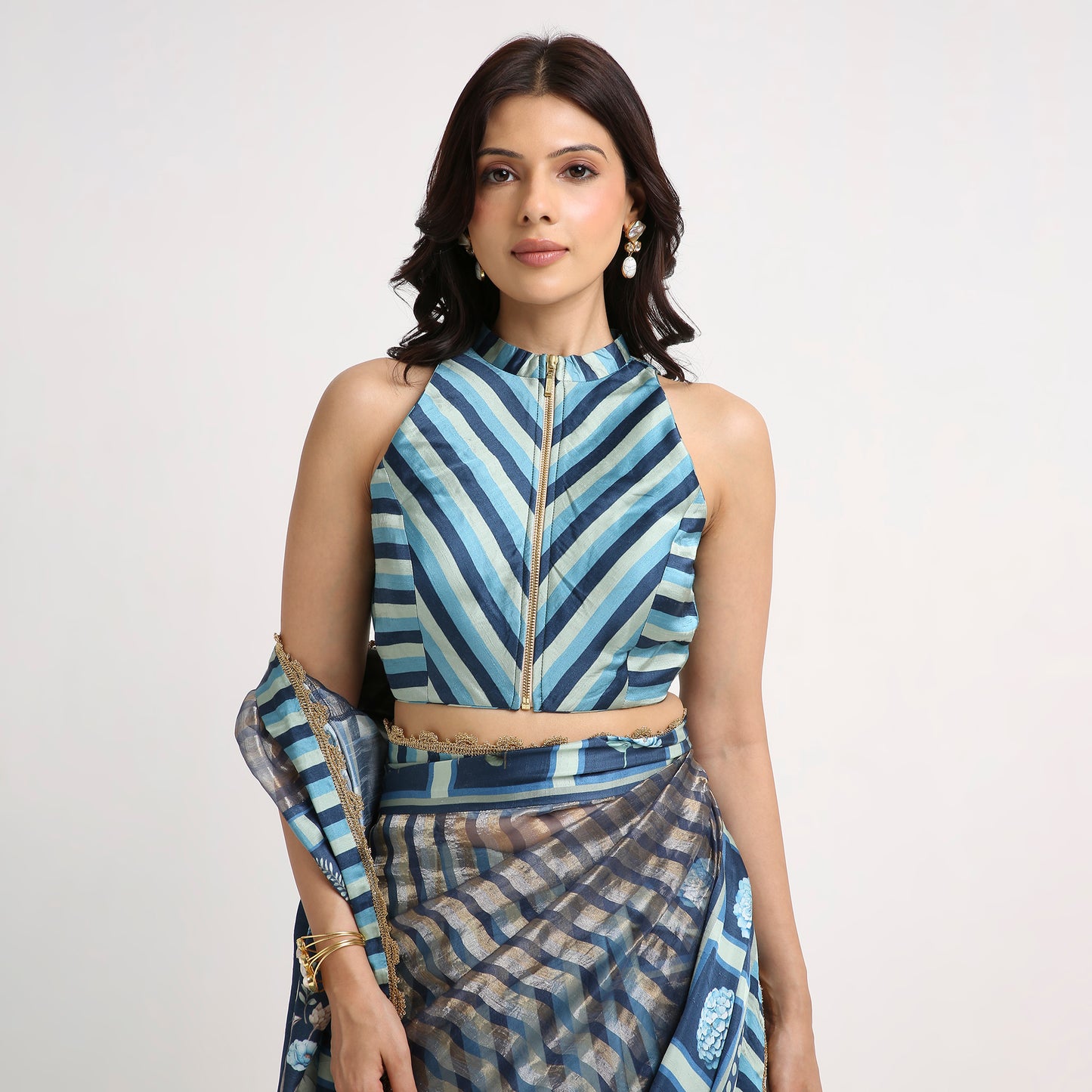 ‘Bloom Edit’ Deep Navy & Mist Blue Silk Banarasi Tissue Painterly Saree