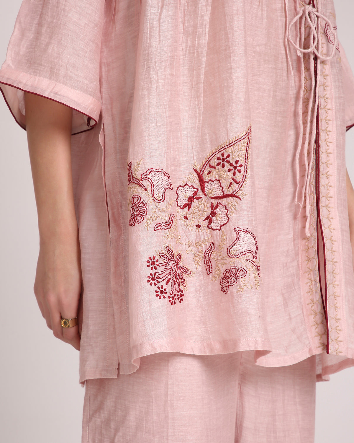 Blush Pink Chikankari Silk Co-ord Set – Burgundy & Ivory Embroidery