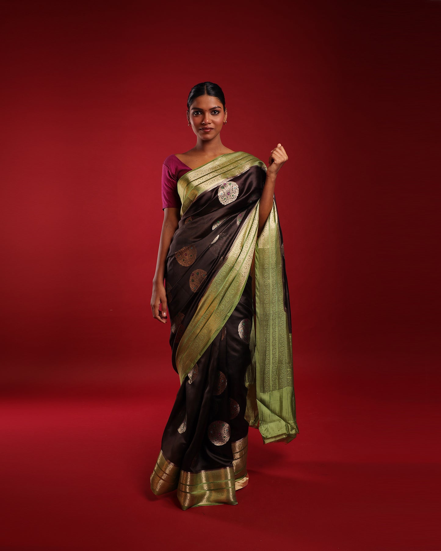 Pure Silk Obsidian Black Saree with Olive Green Border and Round Kadwa Gold and Multicolour Minakari Work