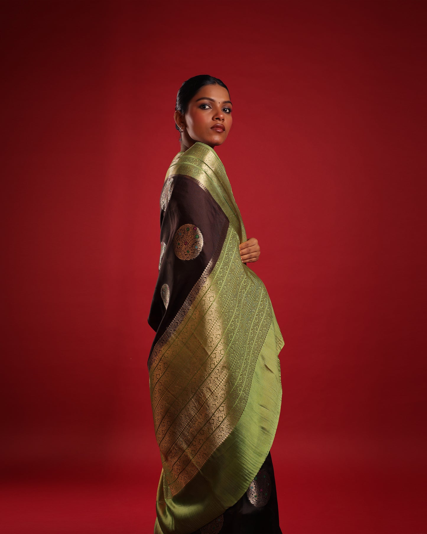 Pure Silk Obsidian Black Saree with Olive Green Border and Round Kadwa Gold and Multicolour Minakari Work