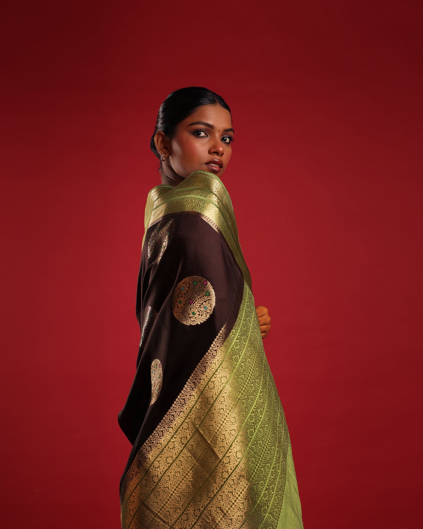 Pure Silk Obsidian Black Saree with Olive Green Border and Round Kadwa Gold and Multicolour Minakari Work