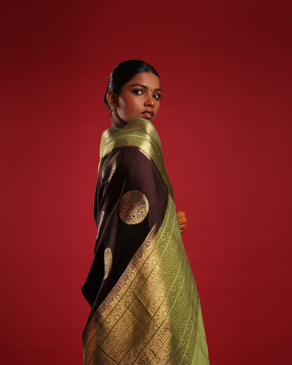 Pure Silk Obsidian Black Saree with Olive Green Border and Round Kadwa Gold and Multicolour Minakari Work