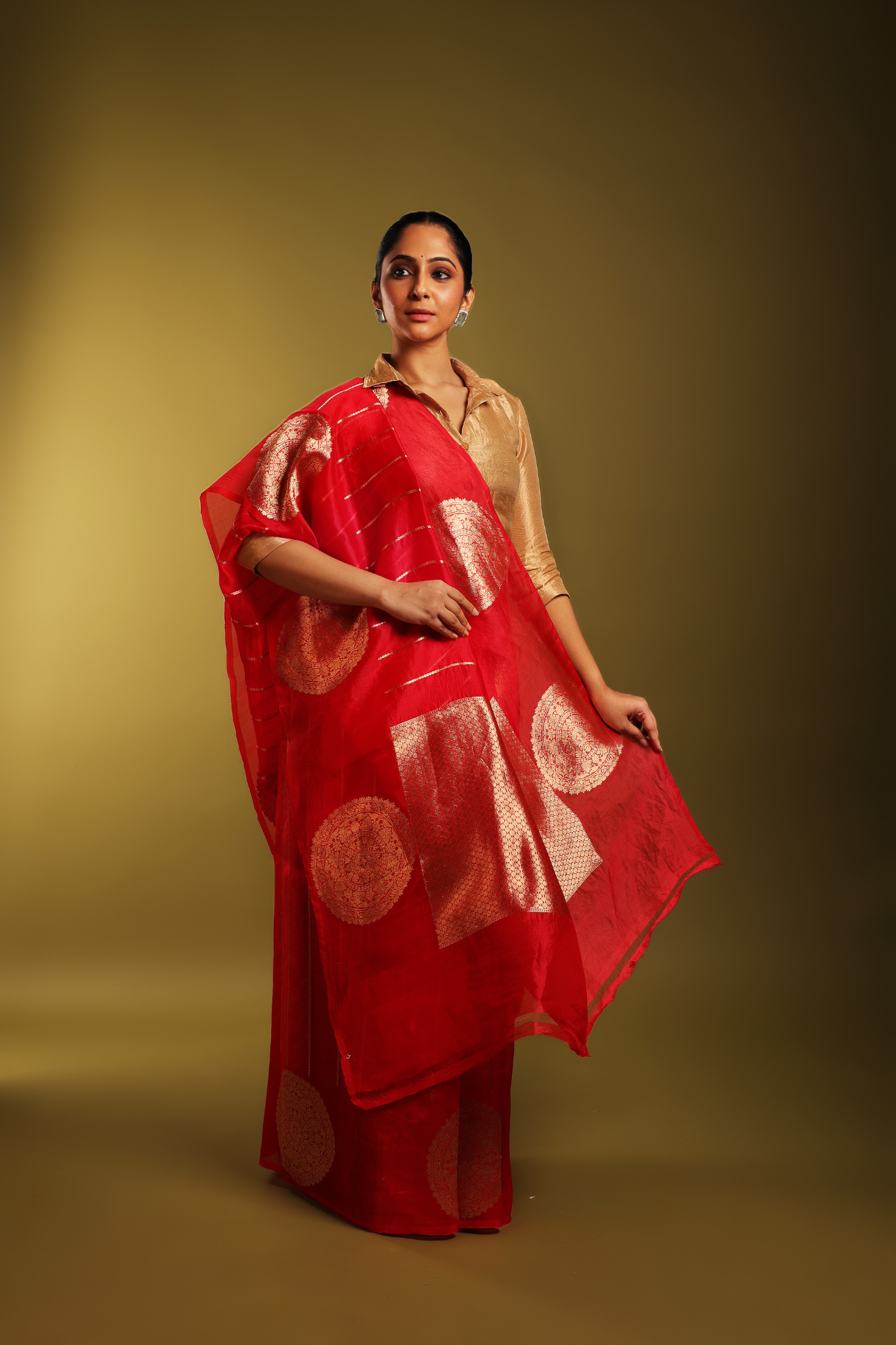 Vibrant Candy Red Katan Tissue with Gold Kadwa Motif