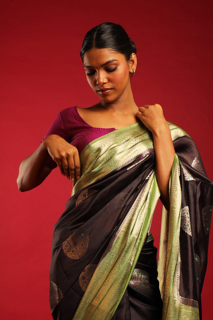 Pure Silk Obsidian Black Saree with Olive Green Border and Round Kadwa Gold and Multicolour Minakari Work