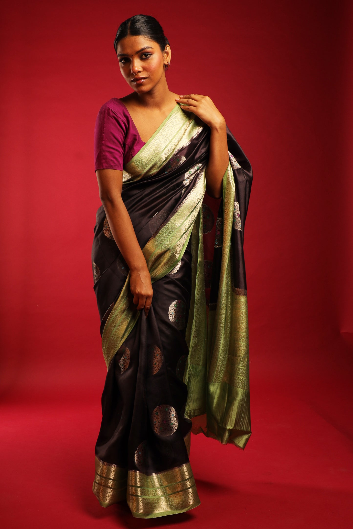 Pure Silk Obsidian Black Saree with Olive Green Border and Round Kadwa Gold and Multicolour Minakari Work