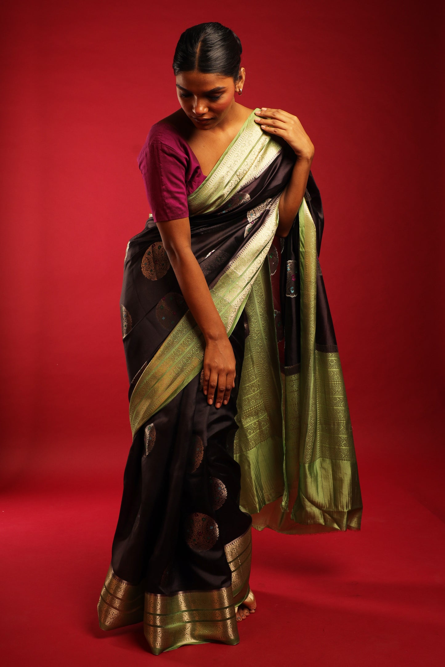 Pure Silk Obsidian Black Saree with Olive Green Border and Round Kadwa Gold and Multicolour Minakari Work