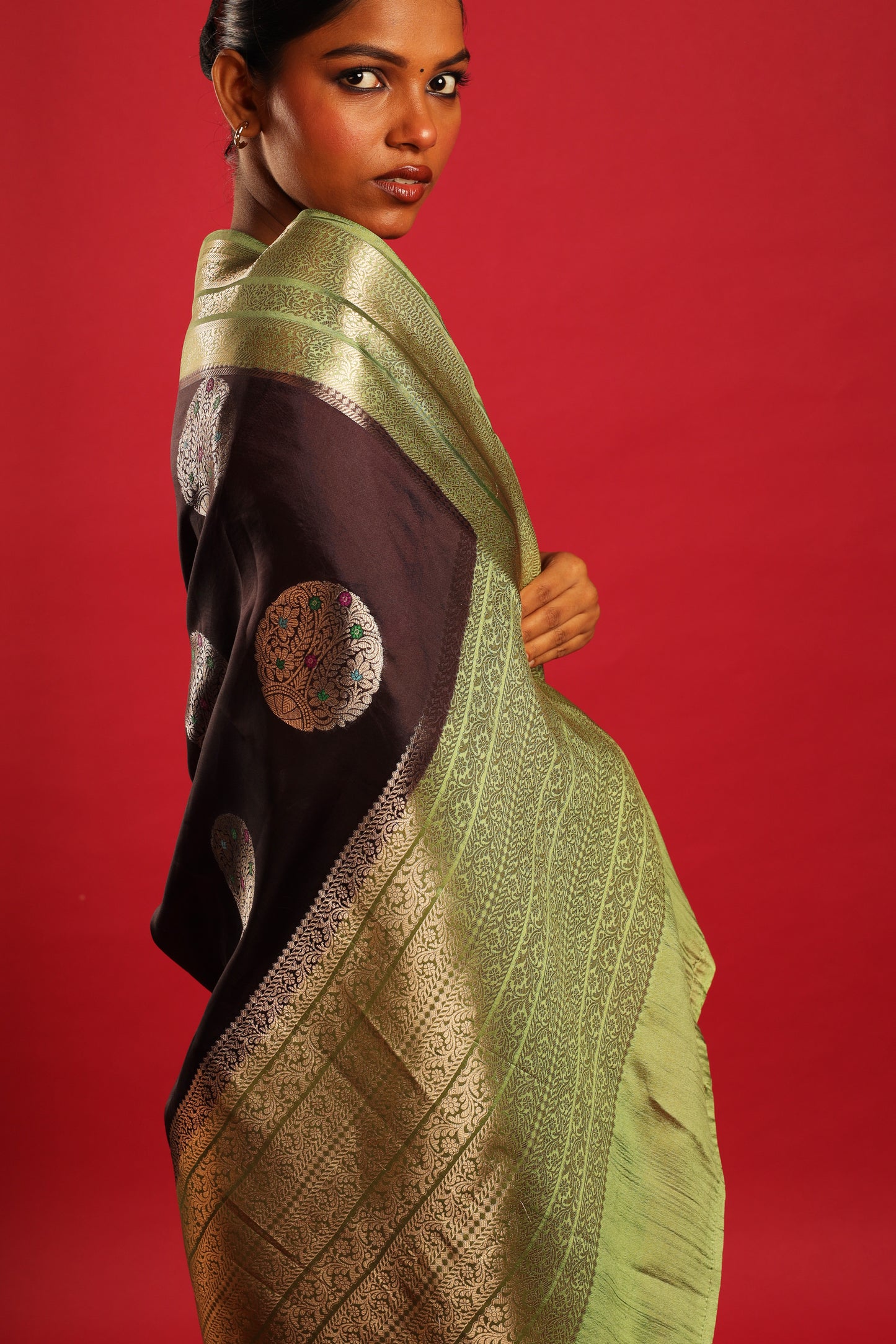 Pure Silk Obsidian Black Saree with Olive Green Border and Round Kadwa Gold and Multicolour Minakari Work