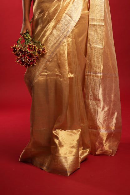 Pure Katan Parmesan Gold Tissue Saree with Macaroon Gold Border
