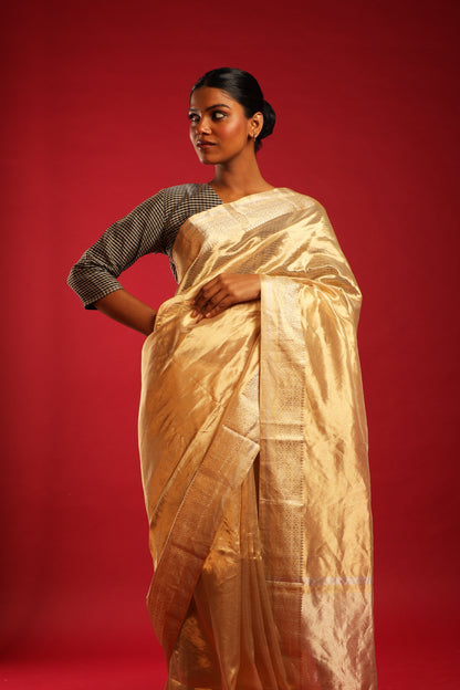 Pure Katan Parmesan Gold Tissue Saree with Macaroon Gold Border