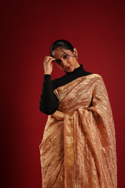 Elegant Blush Pink and Gold Stripe Pure Crushed Katan Tissue Banarasi Saree