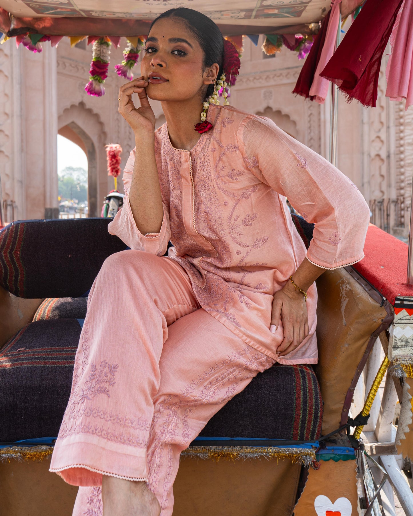 Chikankari Co ord in Blush Pure Chanderi Silk with Dusty Mauve Embroidery