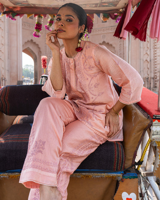 Chikankari Co ord in Blush Pure Chanderi Silk with Dusty Mauve Embroidery