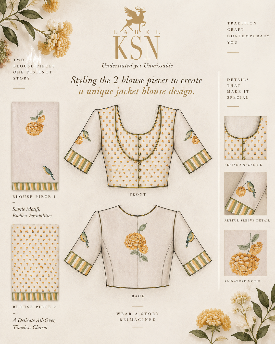 ‘Bloom Edit’ Sunlit Yellow and Antique Sage Silk Banarasi Pure Tissue Painterly Saree with 2 Blouse options