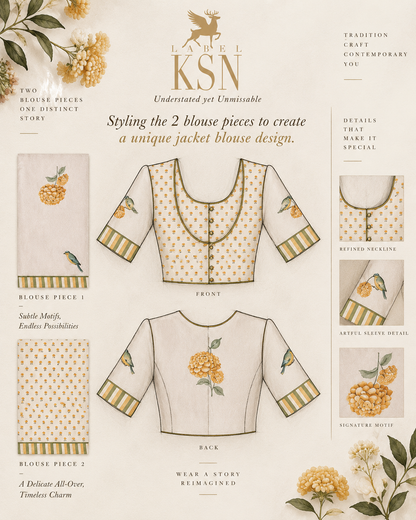 ‘Bloom Edit’ Sunlit Yellow and Antique Sage Silk Banarasi Pure Tissue Painterly Saree with 2 Blouse options