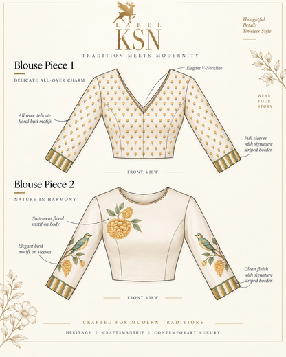 ‘Bloom Edit’ Sunlit Yellow and Antique Sage Silk Banarasi Pure Tissue Painterly Saree with 2 Blouse options