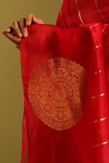 Vibrant Candy Red Katan Tissue with Gold Kadwa Motif