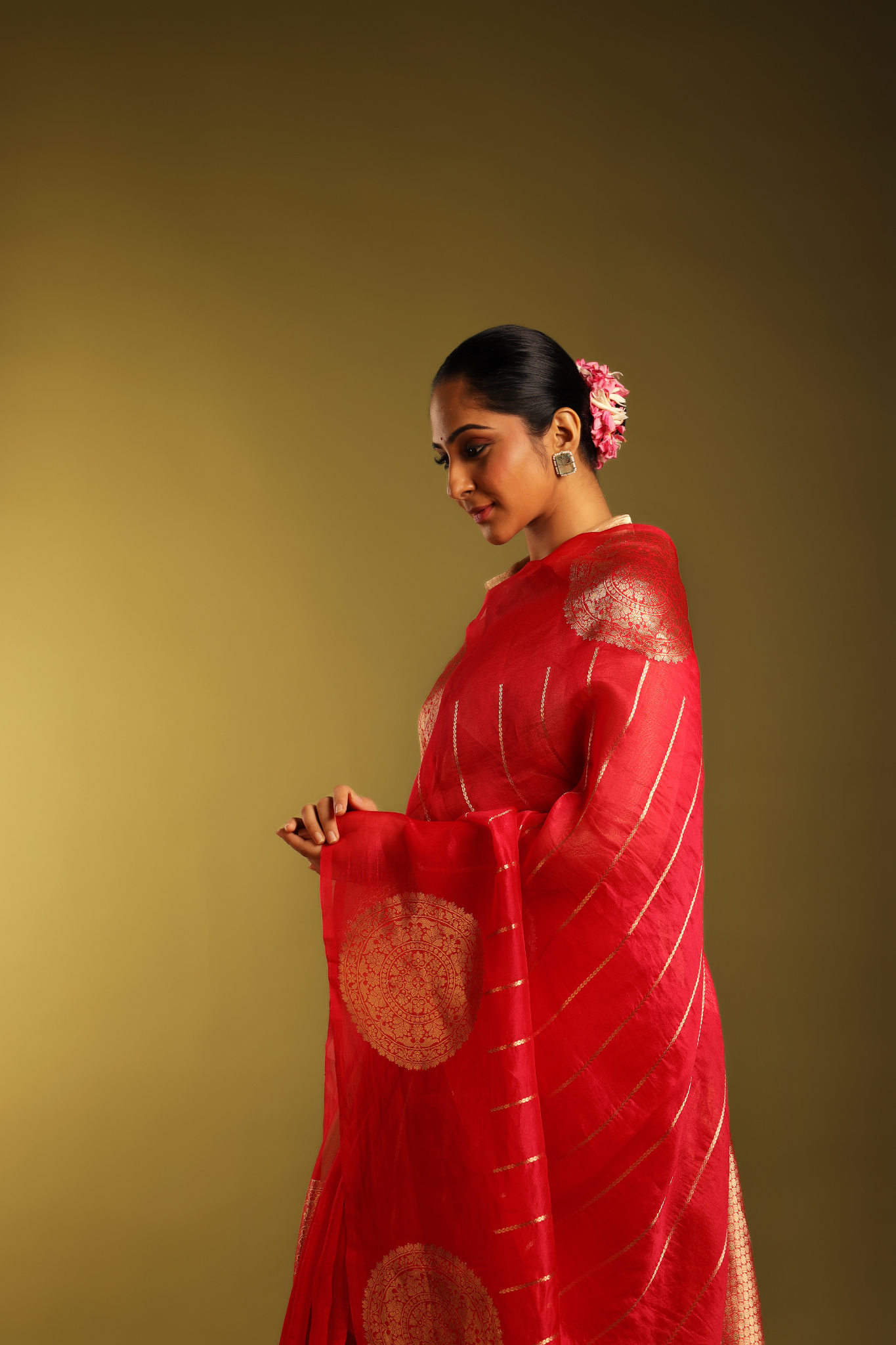 Vibrant Candy Red Katan Tissue with Gold Kadwa Motif