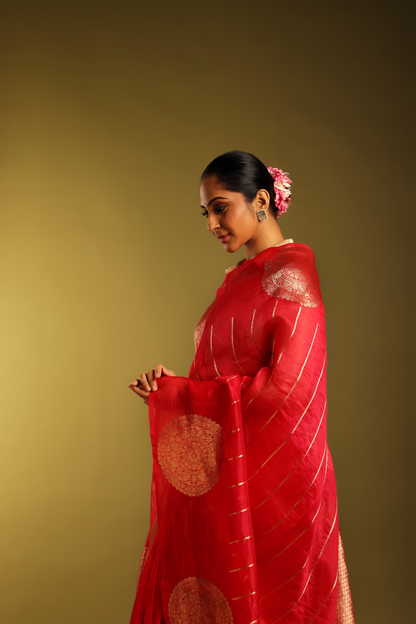 Vibrant Candy Red Katan Tissue with Gold Kadwa Motif