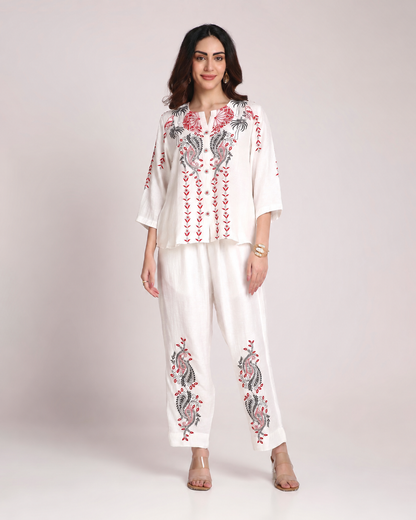 White Chikankari Silk Co-ord Set – Red & Black Embroidery
