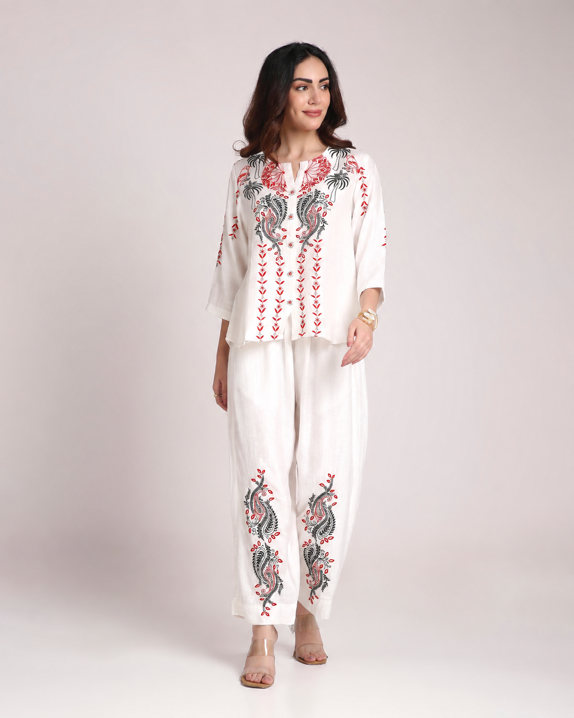 White Chikankari Silk Co-ord Set – Red & Black Embroidery