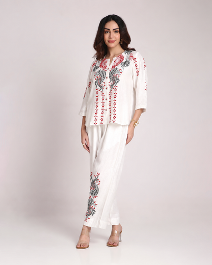White Chikankari Silk Co-ord Set – Red & Black Embroidery