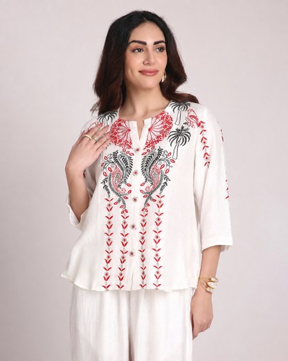 White Chikankari Silk Co-ord Set – Red & Black Embroidery