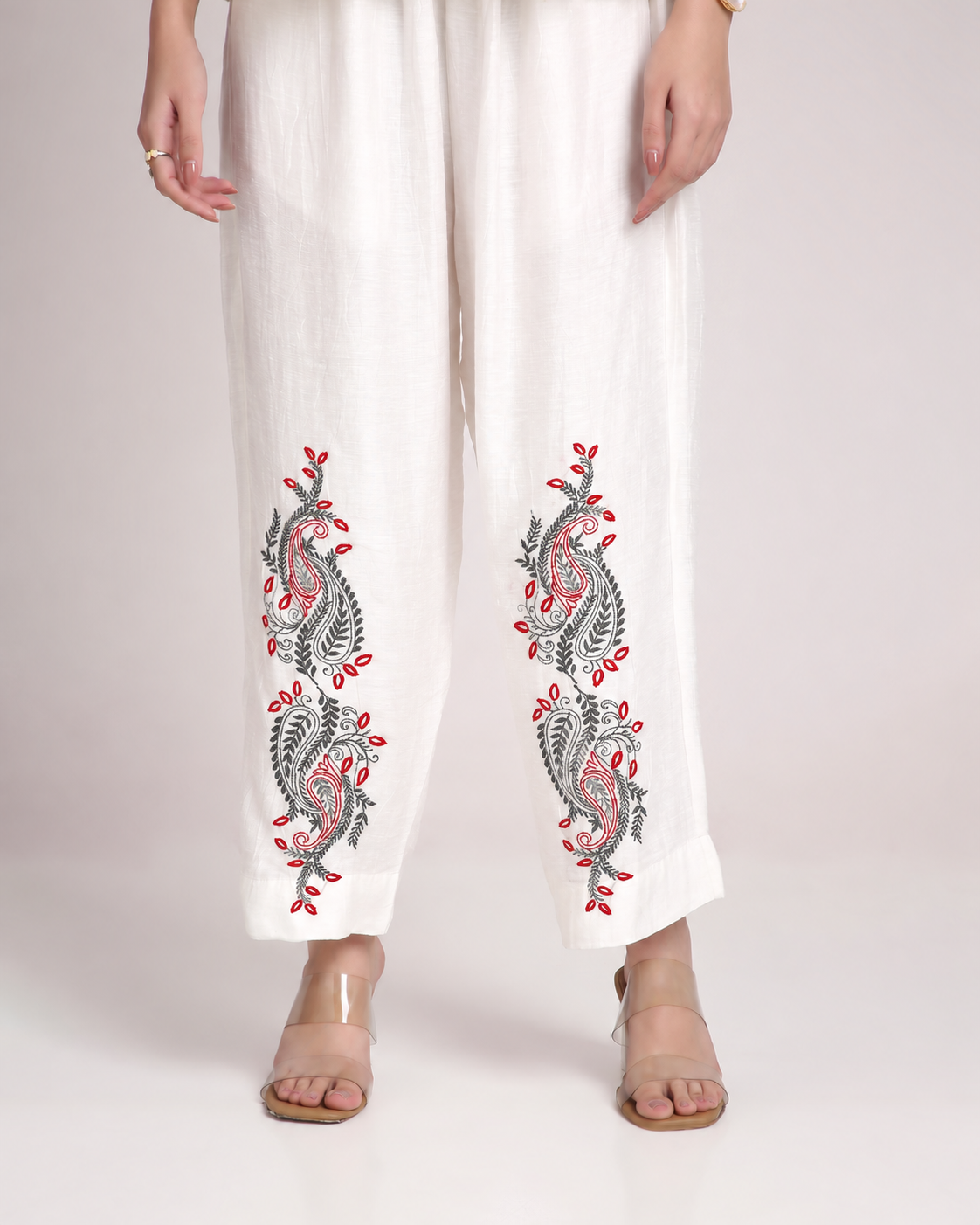 White Chikankari Silk Co-ord Set – Red & Black Embroidery