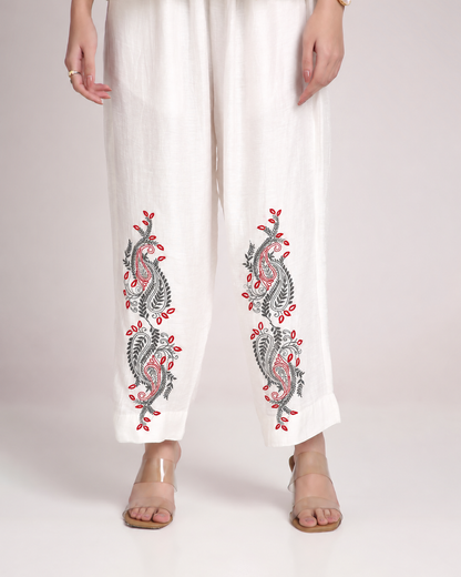 White Chikankari Silk Co-ord Set – Red & Black Embroidery