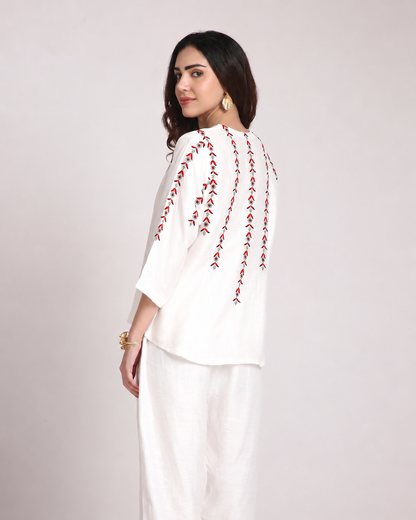 White Chikankari Silk Co-ord Set – Red & Black Embroidery
