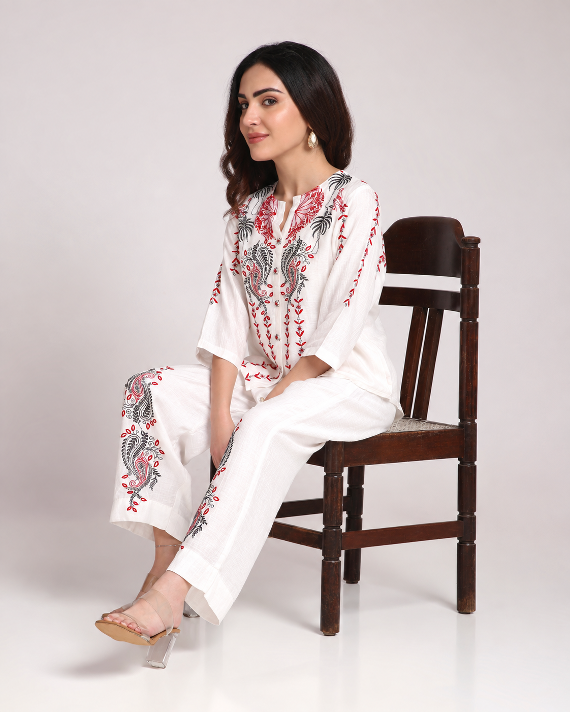 White Chikankari Silk Co-ord Set – Red & Black Embroidery