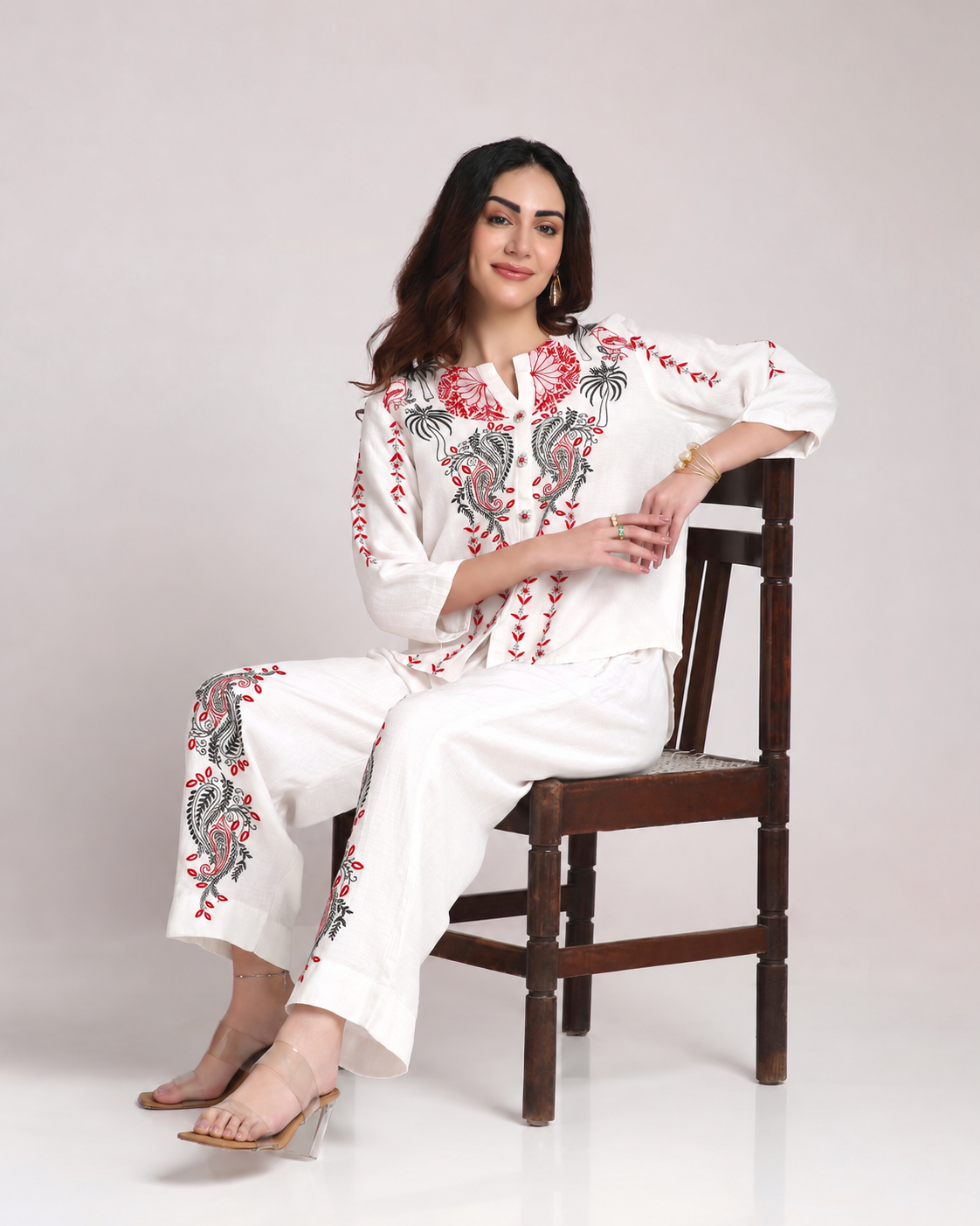 White Chikankari Silk Co-ord Set – Red & Black Embroidery