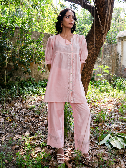 Chikankari Angarkha Co ord in Blush Pure Chanderi Silk with Green  embroidery