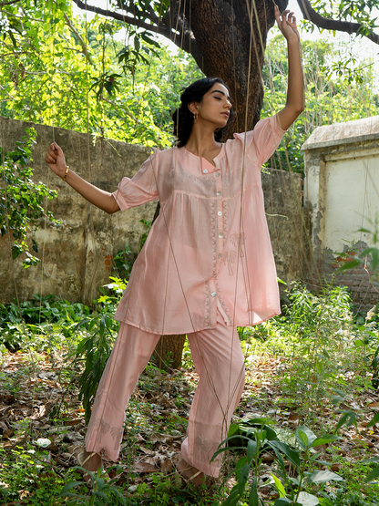 Chikankari Angarkha Co ord in Blush Pure Chanderi Silk with Green  embroidery
