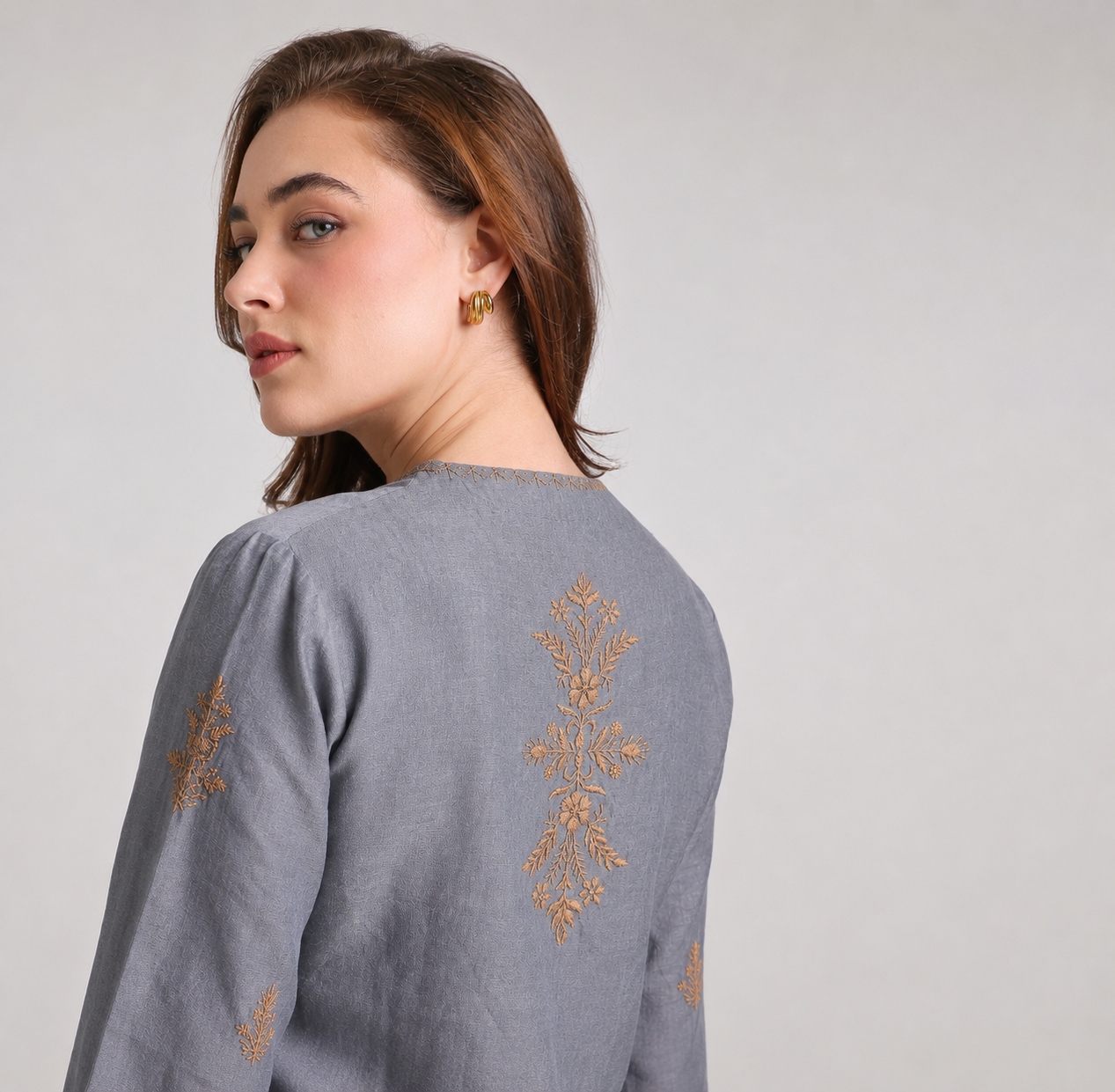 Chikankari Co ord in Dusty Blue Pure Chanderi Silk with Beige Embroidery