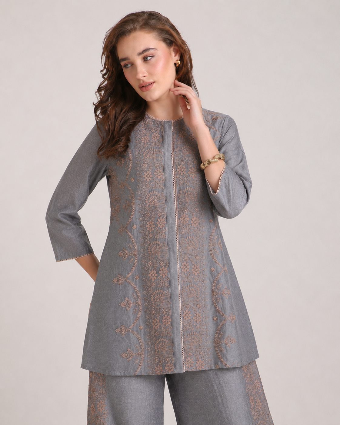 Chikankari Co ord in Dusty Blue Pure Chanderi Silk with Beige Embroidery