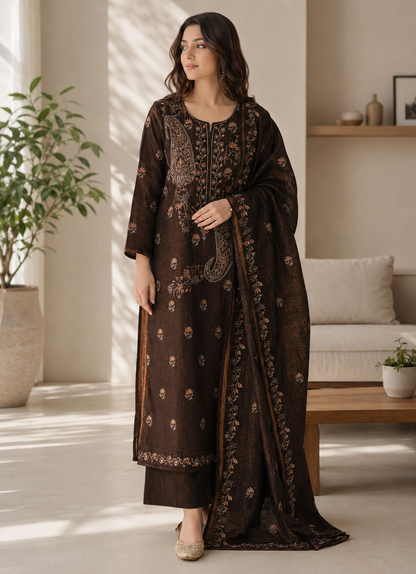 Rust Brown Pure Silk Tissue Lucknowi Chikankari Salwar Suit with Multicoloured Paisley Embroidery
