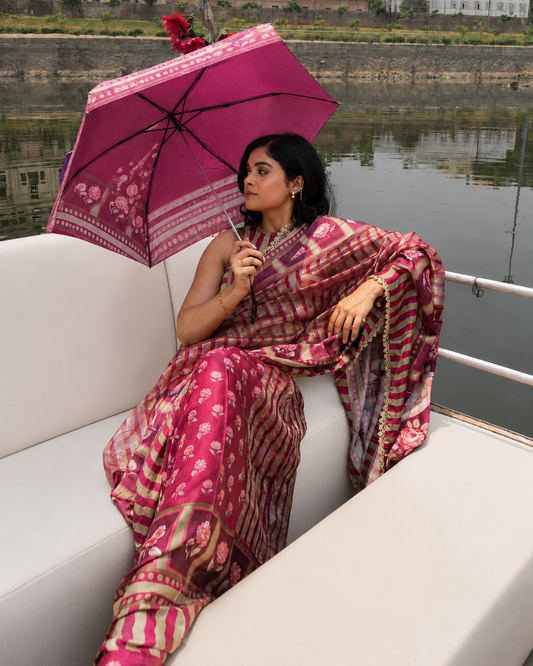 ‘Bloom Edit’ Mulberry Wine & Antique Sage Silk Banarasi Tissue Painterly Saree