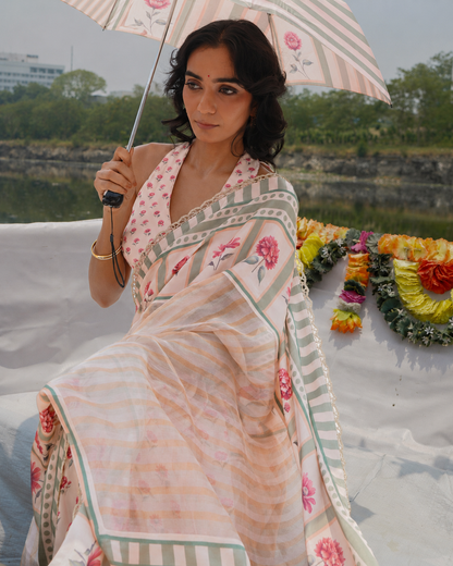 ‘Bloom Edit’ Blush Pink & Sage Green Silk Banarasi Tissue Painterly Saree