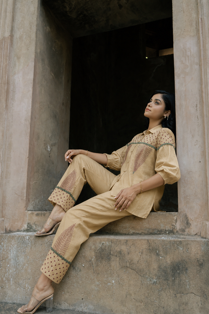 Chikankari Co ord in Gold Pure Chanderi Silk with Magenta n Green embroidery