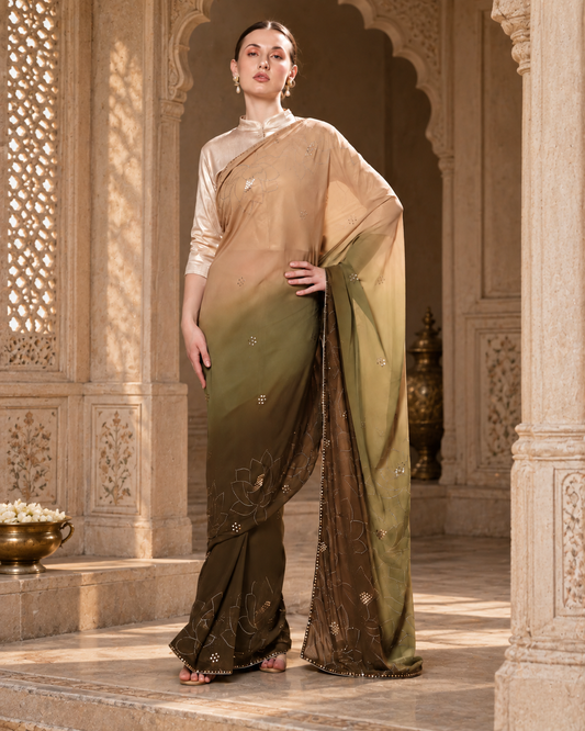 Flowing Georgette Ombre Saree with Mukaish and Pitta Hand Embroidery