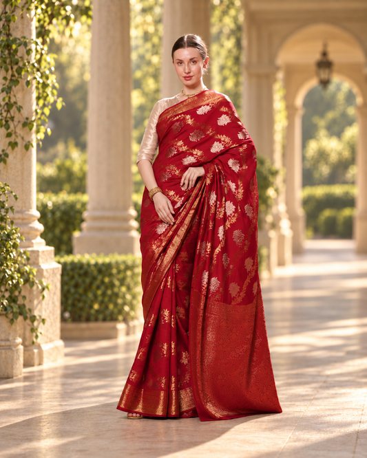 Deep Maroon Pure Silk with Gold Motifs